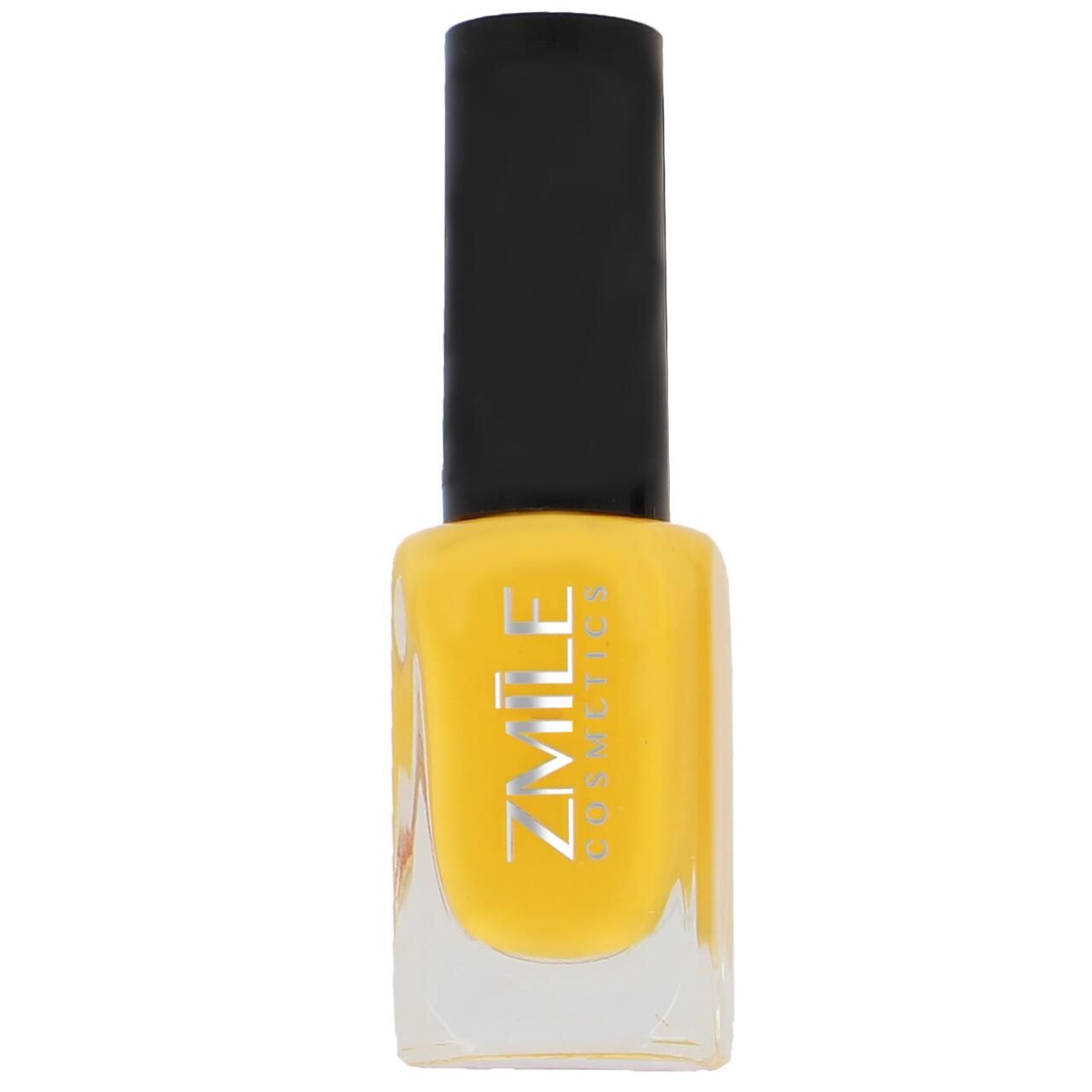 Gel-Nagellackflasche mit gelber Farbe und schwarzem Deckel. Auf der Flasche steht "ZMILE cosmetics".