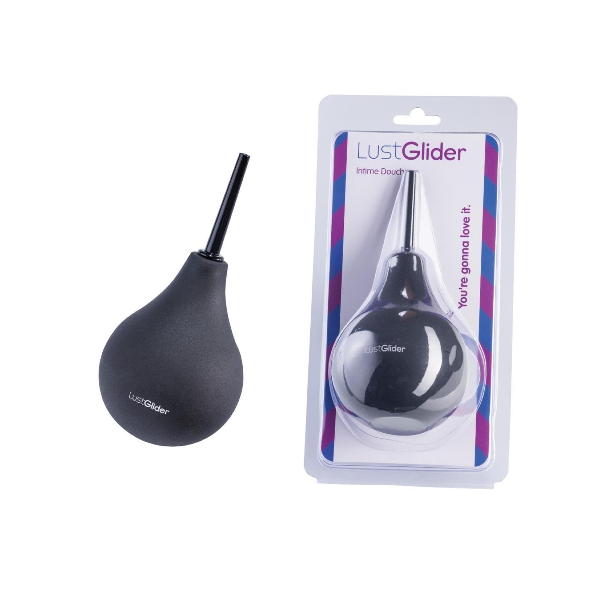 Dunkelgraue Intimdusche. Auf der Verpackung steht "LustGlider Intime Douche". Die Verpackung ist durchsichtig.