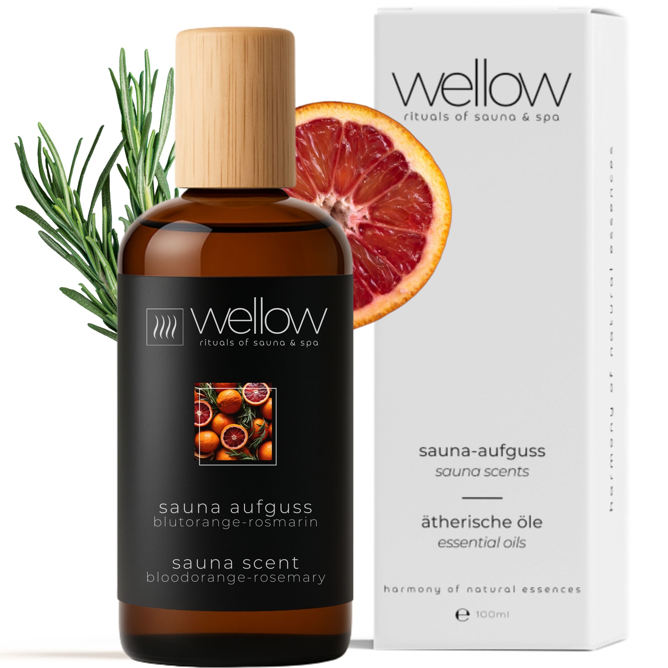 Braune Glasflasche mit Holzverschluss. Schwarzes Etikett mit Produktnamen und Logo. Weiße Verpackung mit Logo und Text.