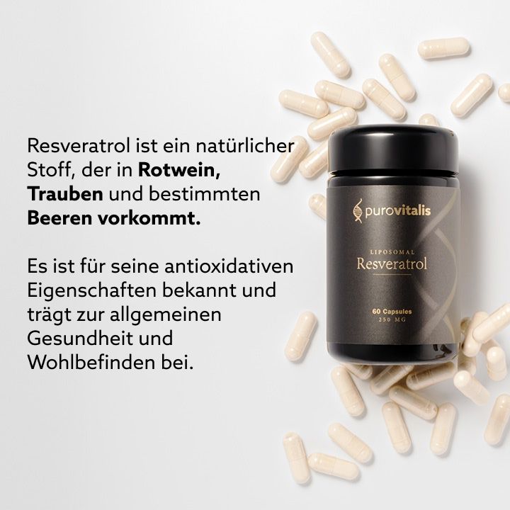 Schwarze Dose 'Purovitalis Resveratrol' mit Kapseln. Text: 'Resveratrol ist ein natürlicher Stoff'.