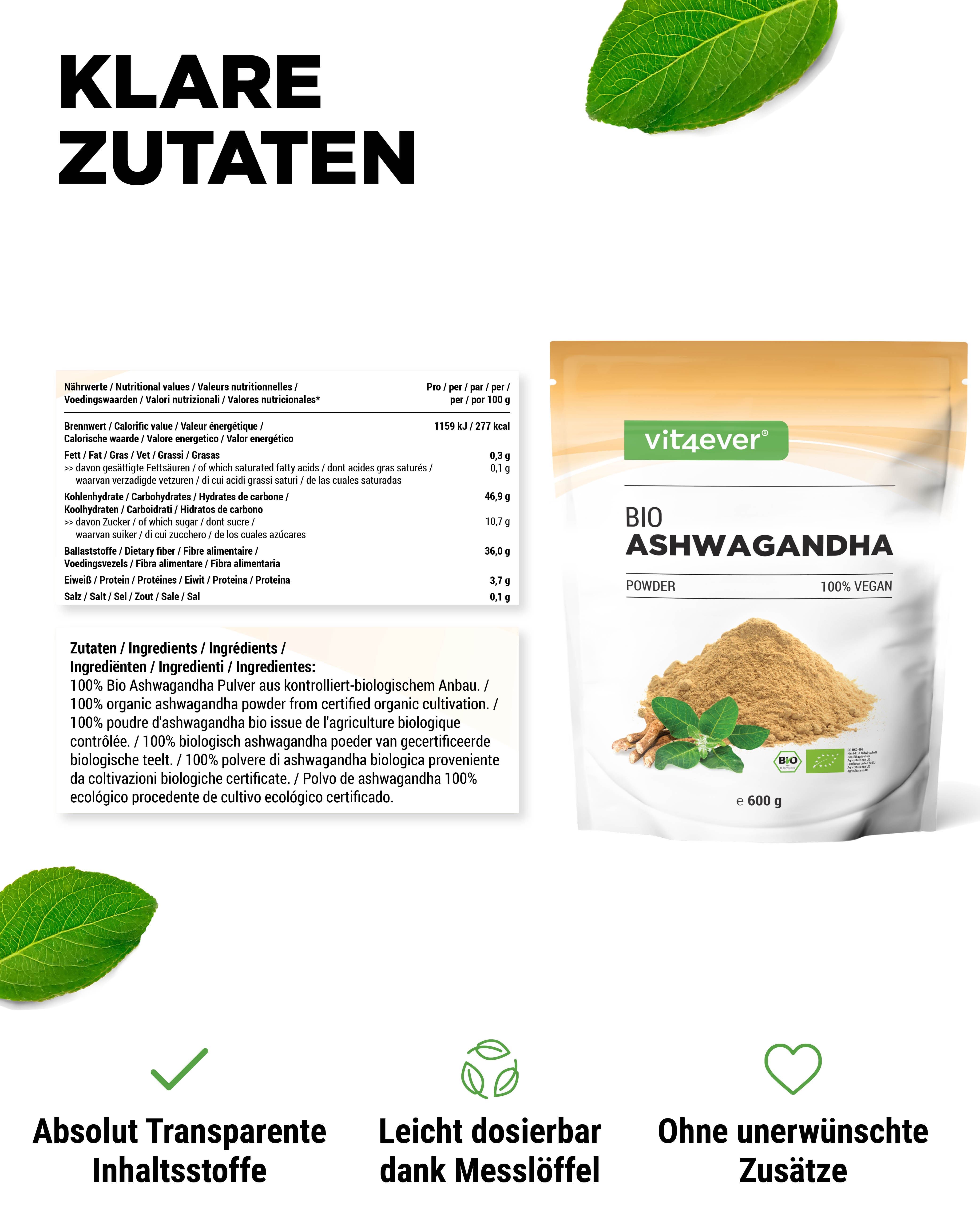 Nährwerttabelle und Zutatenliste. Beutel mit „BIO Ashwagandha Pulver“. Braunes Pulver. 600 g. Text: „Absolut Transparente Inhaltsstoffe“.