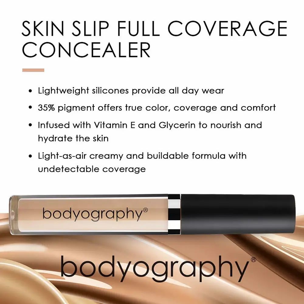 Concealer-Tube mit Text: "SKIN SLIP FULL COVERAGE CONCEALER" und "bodyography". Aufzählungspunkte mit Produktinformationen.