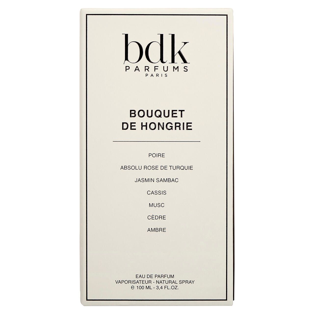 Verpackung mit weißem Hintergrund und Text. "bdk PARFUMS PARIS" und "BOUQUET DE HONGRIE" sind sichtbar.