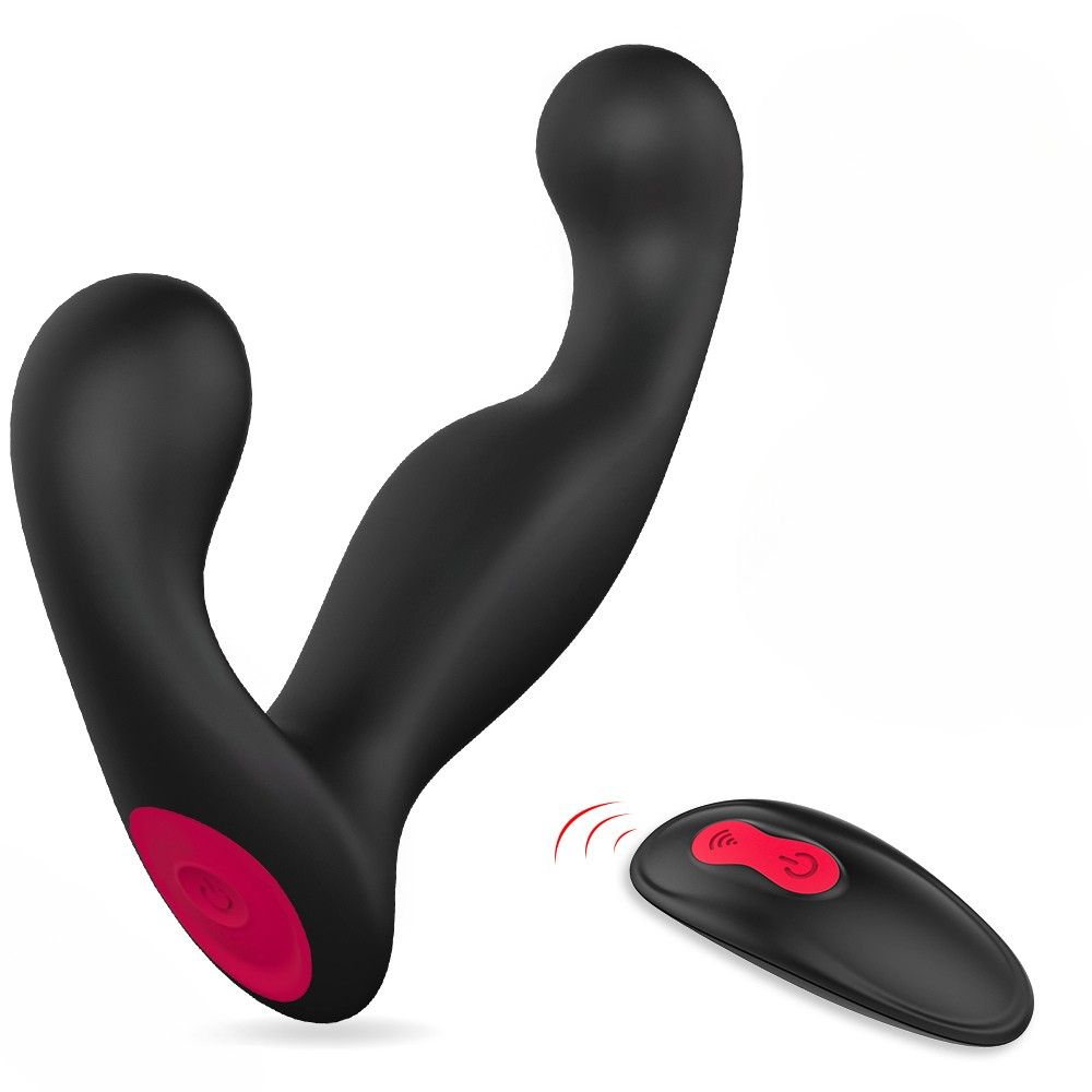 Schwarzer Vibrator mit Fernbedienung. Roter Knopf auf beiden. Gebogene Form mit zwei Enden.
