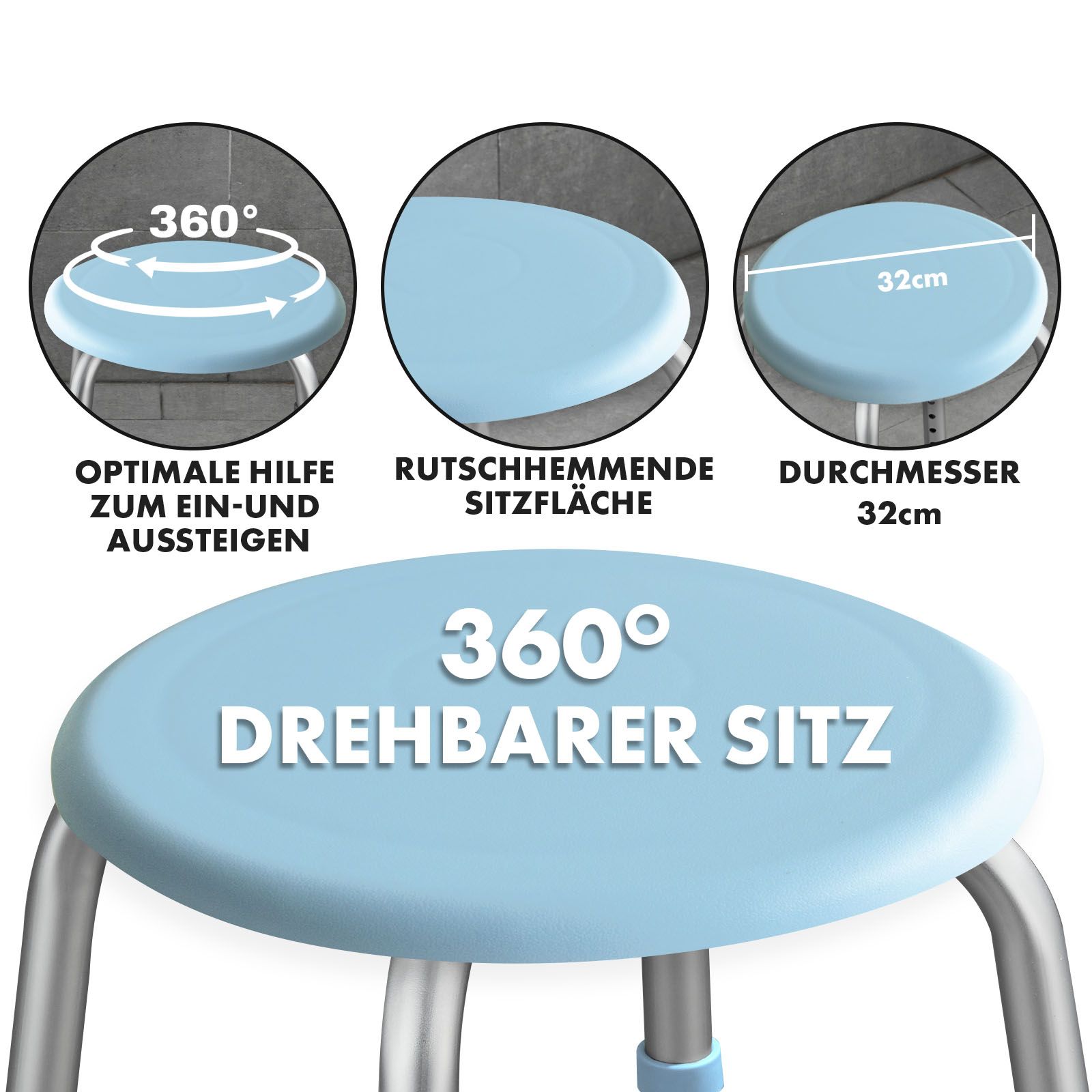 KARAT Duschhocker Pedro - Höhenverstellbar, rutschfest, rostfrei - Bis 136 kg - 360° drehbar