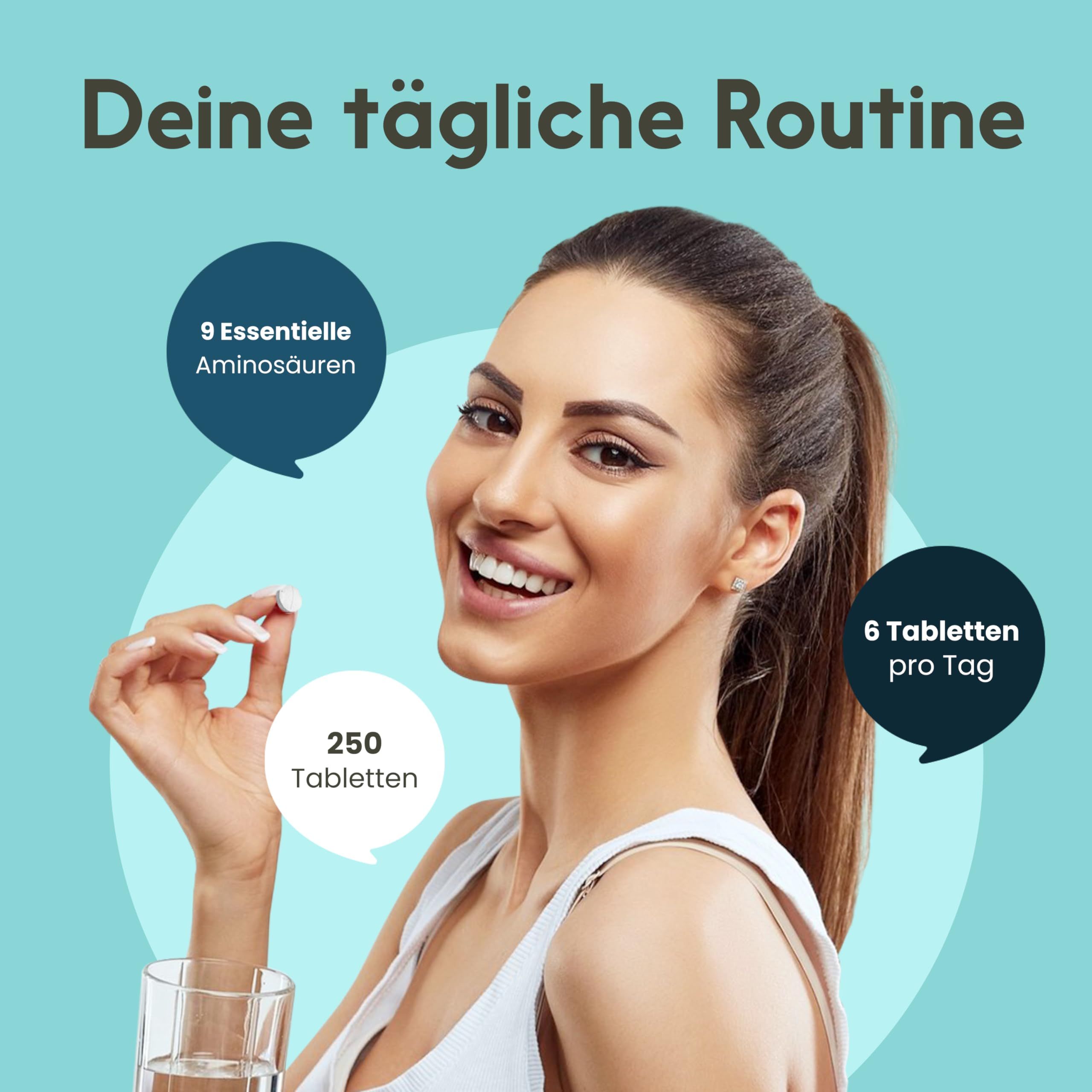Frau hält Tablette. Text: 9 essentielle Aminosäuren, 250 Tabletten, 6 Tabletten pro Tag.