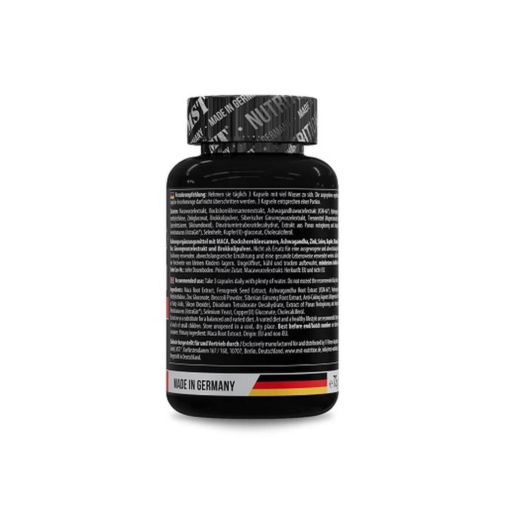 Schwarze Kapsel-Dose, Rückseite. Text in Deutsch und Englisch. Enthält Informationen zu Inhaltsstoffen und Nährwertangaben. Hergestellt in Deutschland.