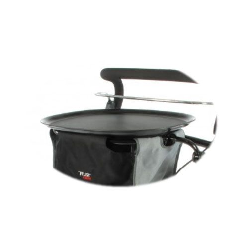 Tablett für Indoor Rollator. Schwarz, rund, mit Tasche. Auf Rollator montiert. Marke Trust Care.