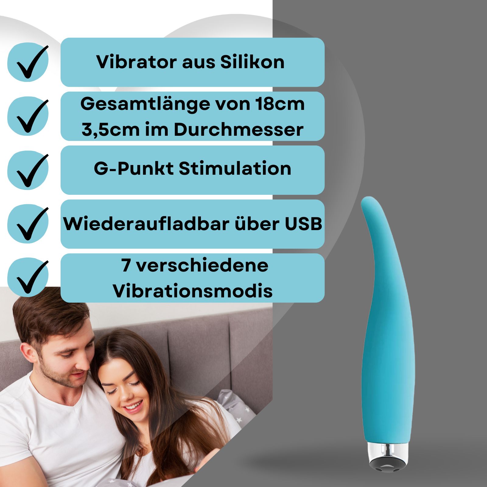 Blauer Vibrator. Text: Vibrator aus Silikon, 18cm lang, 3,5cm Durchmesser, G-Punkt Stimulation, USB aufladbar, 7 Modi.