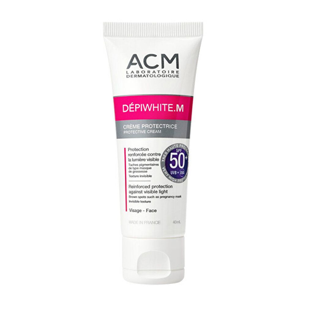 Weiße Tube. Text: ACM, DÉPIWHITE.M, Crème Protectrice SPF 50+. 40ml. Produktansicht.