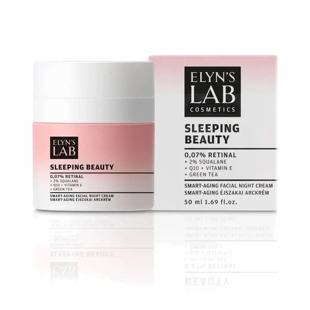 Cremebehälter und Verpackung. Text: ELYN'S LAB, Sleeping Beauty, 0,07% Retinal, 2% Squalan, Q10 + Vitamin E, Green Tea. 50 ml 1.69 fl.oz.