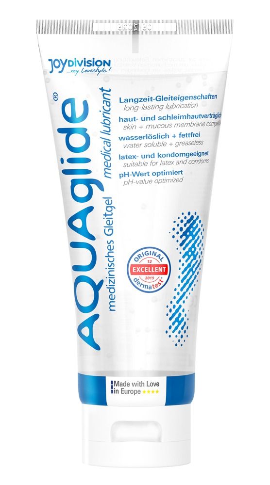 Tube AQUAglide, medizinisches Gleitgel. Aufschrift AQUAglide. Made in Europe.