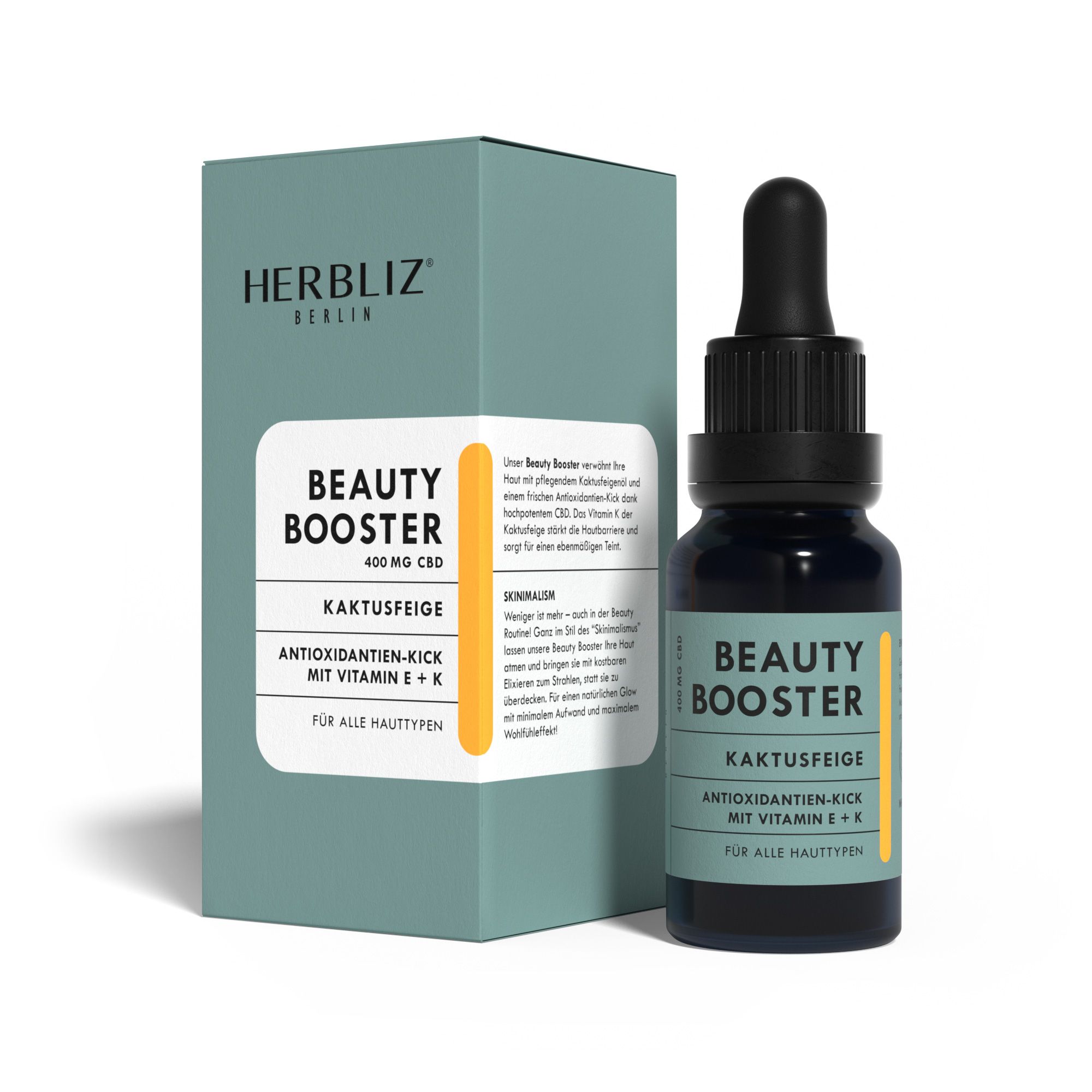 Dunkle Glasflasche mit Tropfer und Karton. Aufschrift: Beauty Booster, Kaktusfeige, Antioxidantien-Kick mit Vitamin E + K. Für alle Hauttypen.