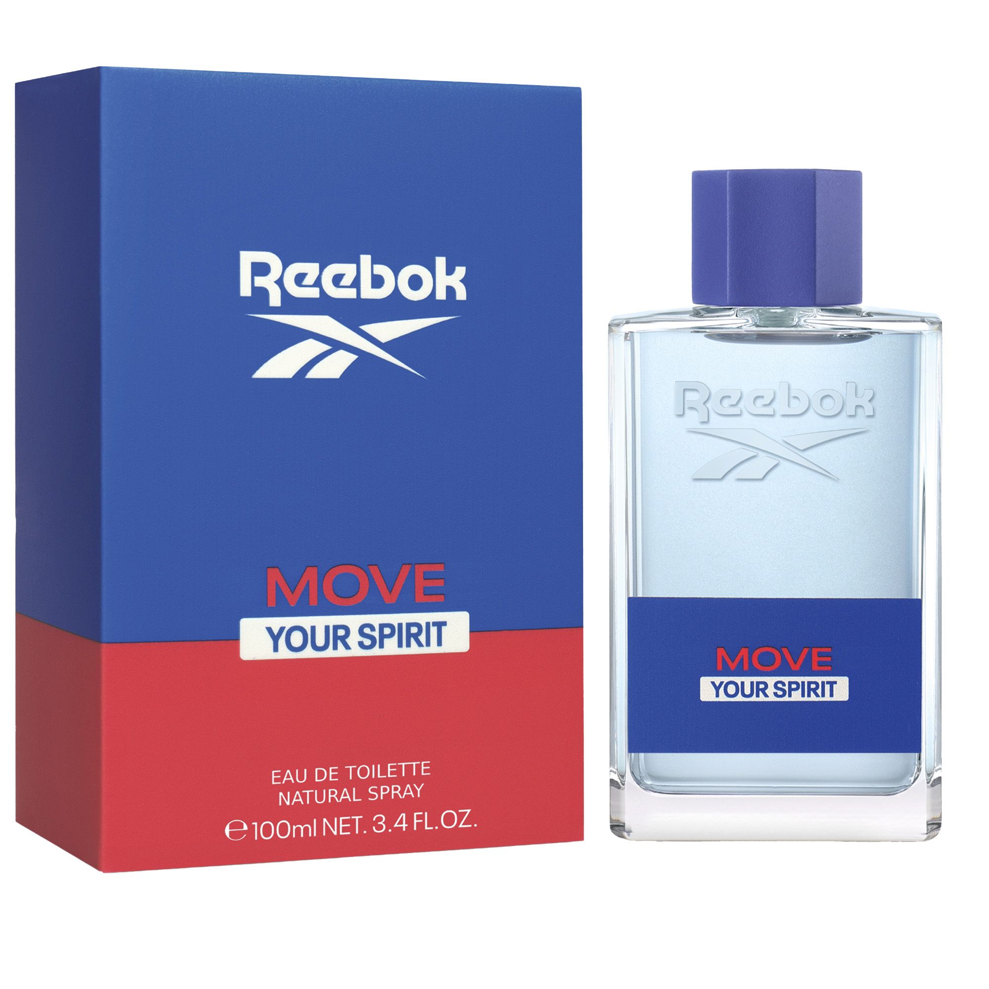Flasche und Verpackung. Flasche mit blauem Verschluss. Verpackung blau und rot. Aufschrift Reebok und Move Your Spirit.