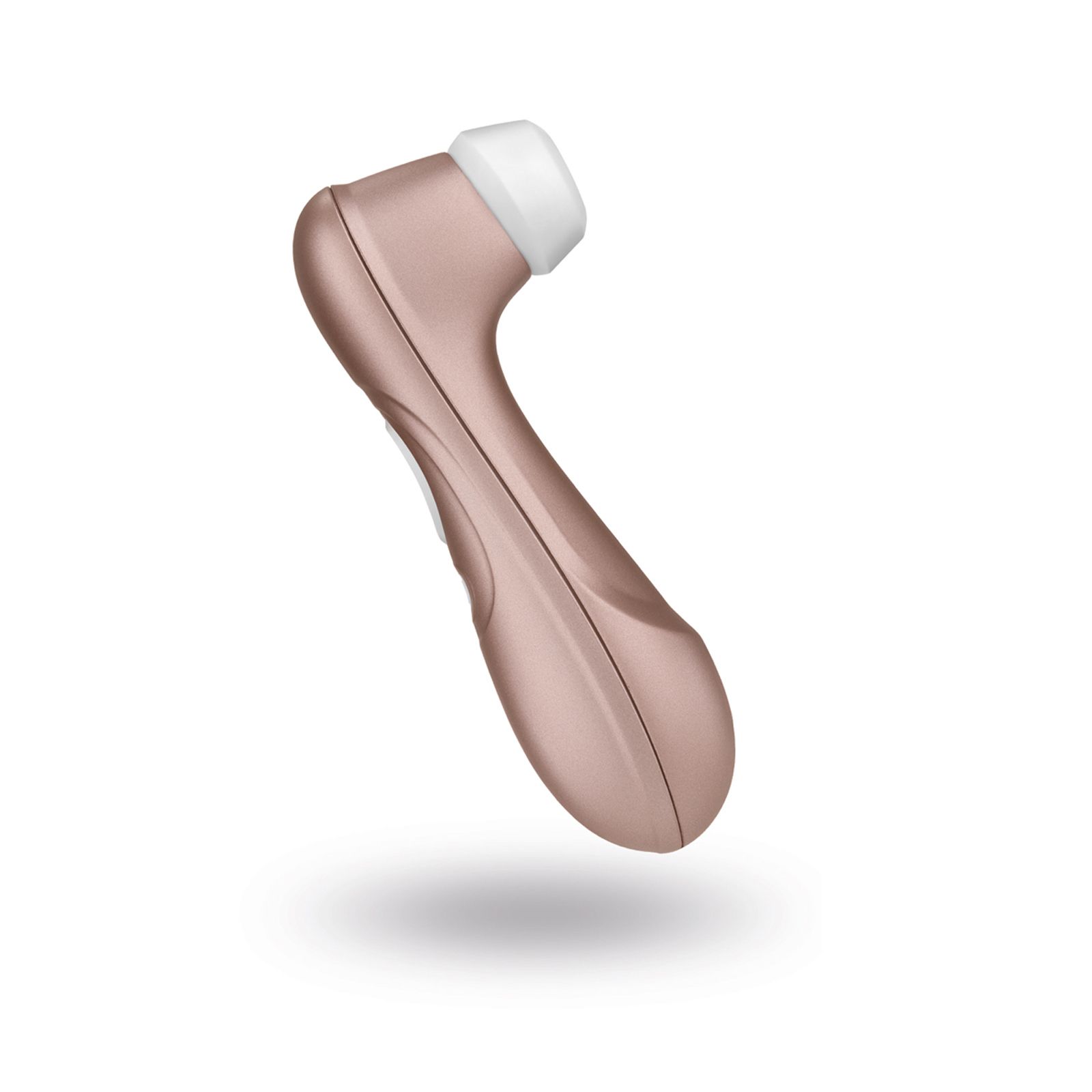 Vibratore rosa con estremità bianca. Forma ergonomica. Parte superiore con elemento bianco.