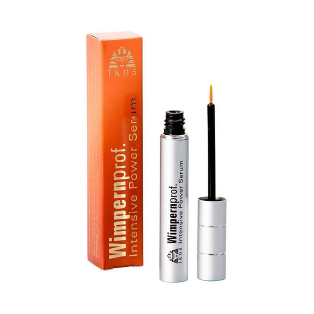 Orangefarbene Verpackung und silberne Flasche mit schwarzem Deckel und Applikator. Aufschrift: Wimpernprof. Intensive Power Serum.