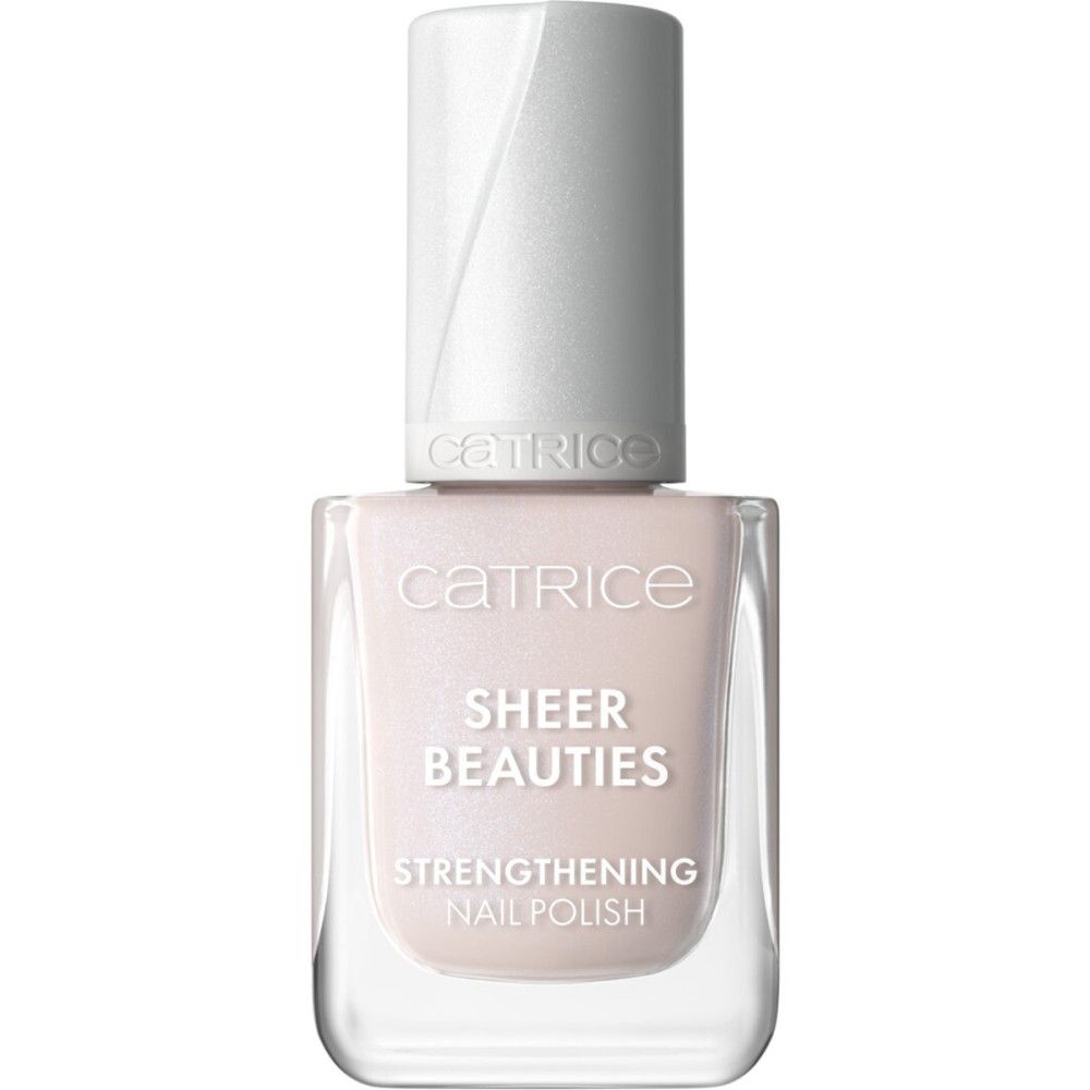 Nagellackflasche, geschlossen. Aufschrift: Catrice, Sheer Beauties, Strengthening Nail Polish. Farbton: Rosa.