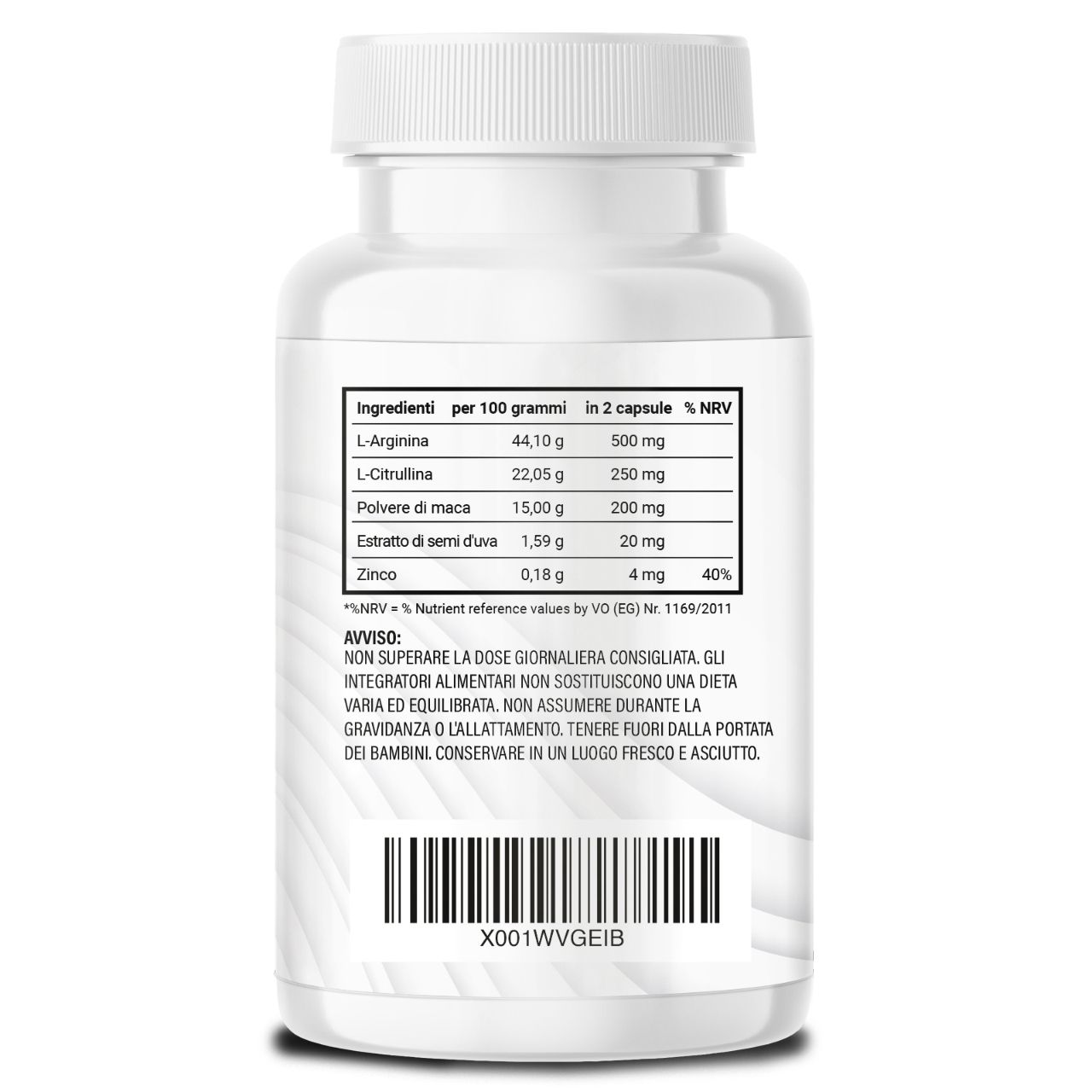 Retro di un flacone bianco con tabella nutrizionale. Ingredienti per 100g e 2 capsule. Nota sulla dose giornaliera raccomandata.