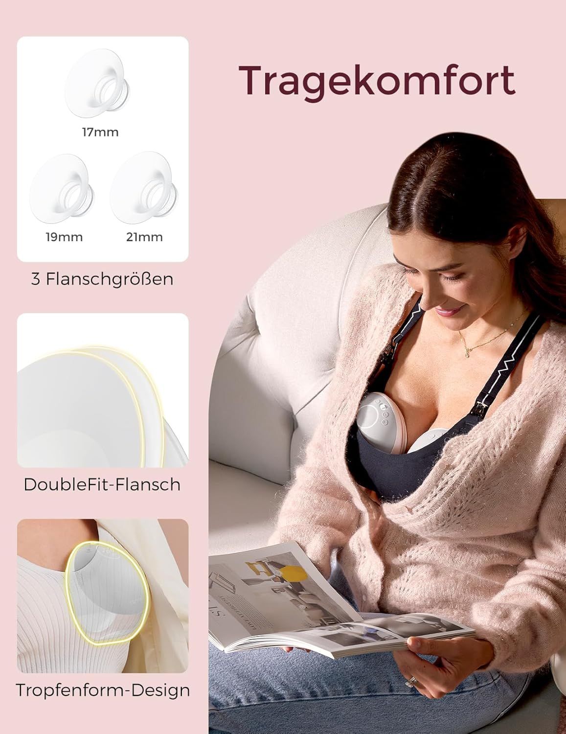 Momcozy Milchpumpen: 3 Flanschgrößen (17, 19, 21mm), DoubleFit, Tropfenform.
