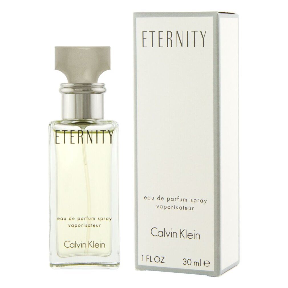 Eternity Eau de Parfum Spray von Calvin Klein. Flakon und Verpackung. Aufschrift: Eternity, Calvin Klein, 1 FL OZ, 30 ml e.