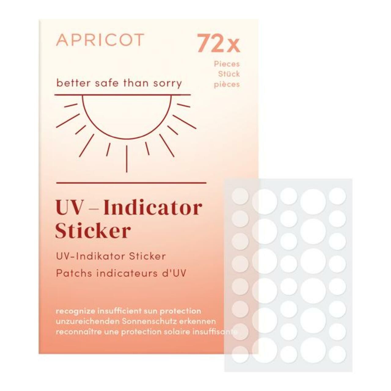 Verpackung mit UV-Indikator-Stickern und einem Bogen Sticker. Marke: APRICOT. 72 Stück.