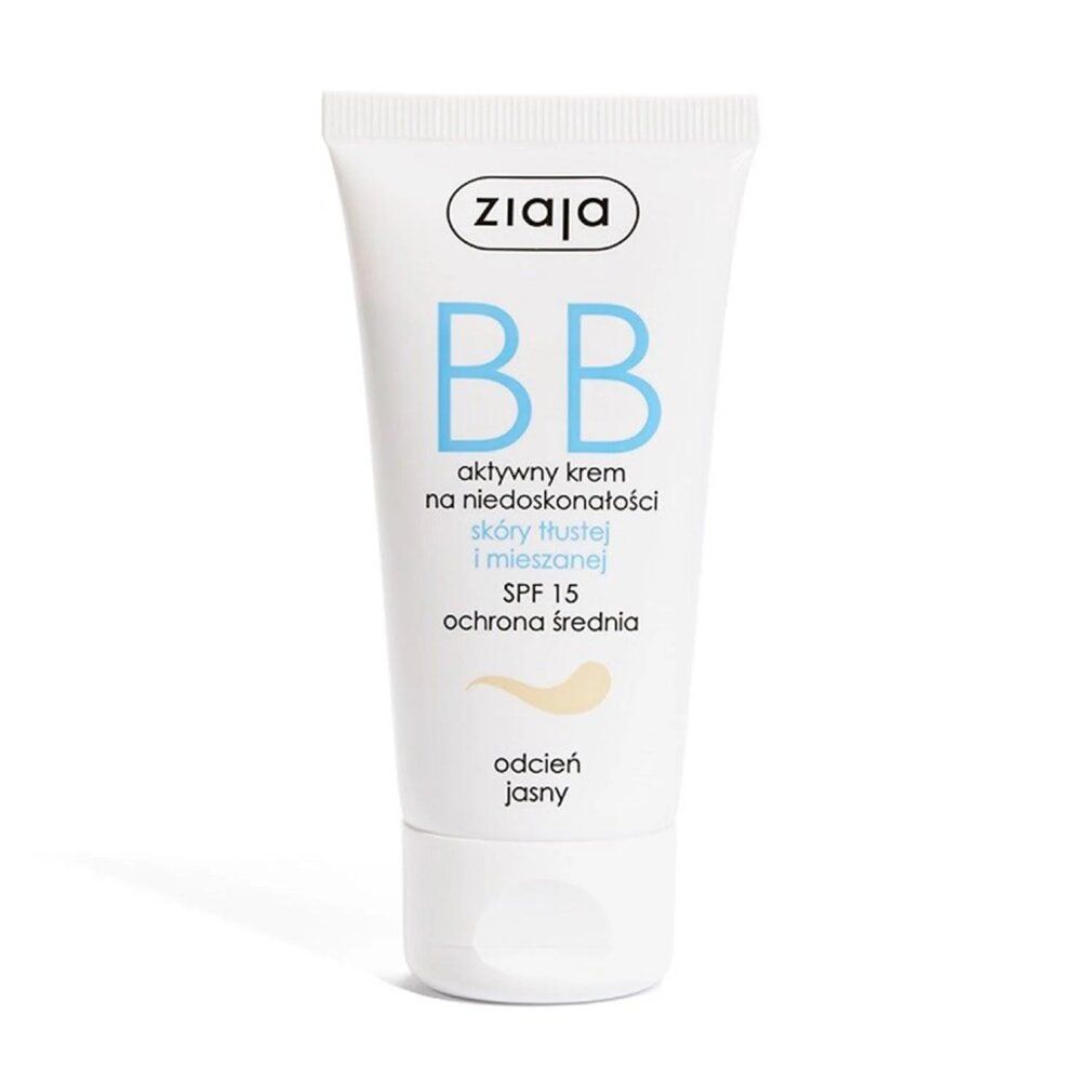 Ziaja BB Cream in Tube. Weiße Tube mit blauer Schrift. Enthält SPF 15. Helle Farbton.