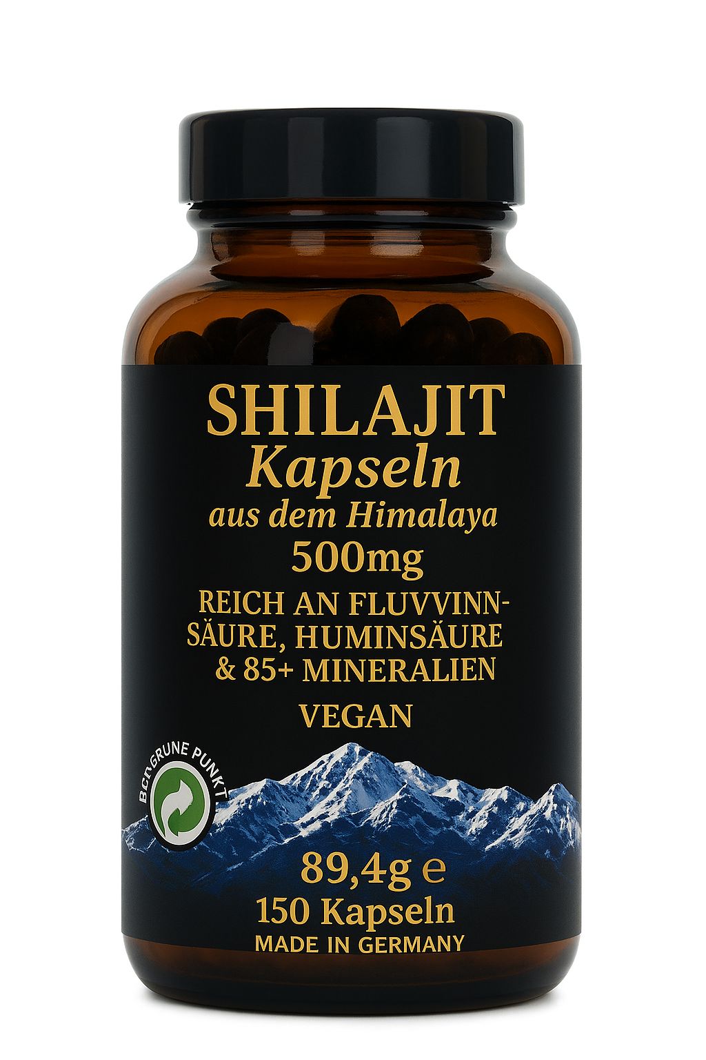 Braune Glasflasche mit schwarzen Kapseln. Schwarzes Etikett mit weißer Schrift: Shilajit Kapseln, 500mg, vegan. 150 Kapseln, Made in Germany.