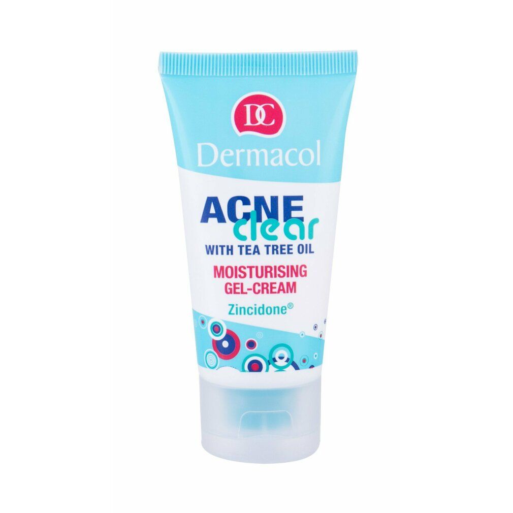 Tube mit Acneclear Moisturising Gel-Cream. Blaue Kappe, weißer Körper mit Text: Dermacol, Acne Clear, Tea Tree Oil, Gel-Cream.