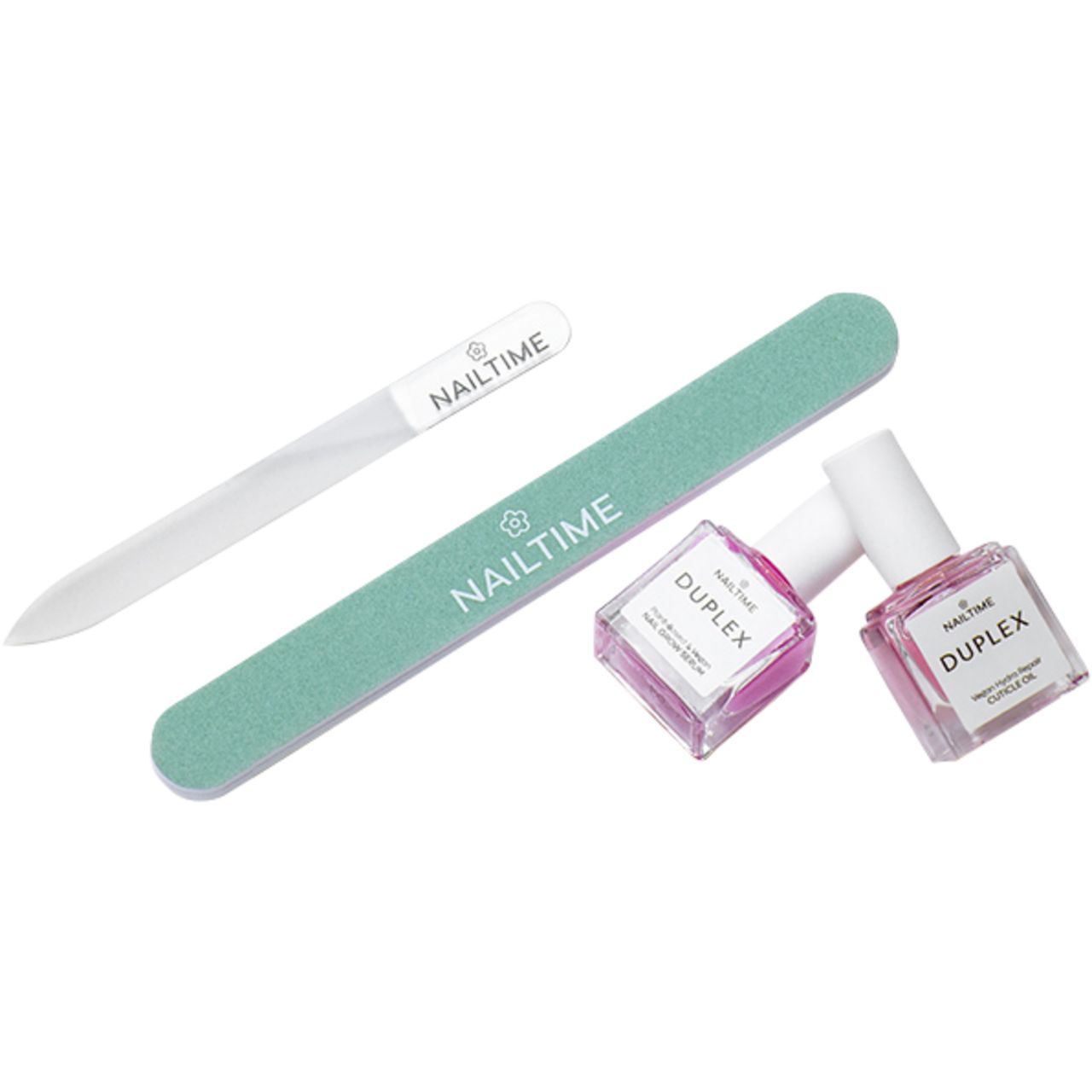 Nagelfeile, Glasnagelfeile und zwei Flaschen mit rosa Flüssigkeit. Auf den Flaschen steht "DUPLEX". Auf der Nagelfeile steht "NAILTIME".