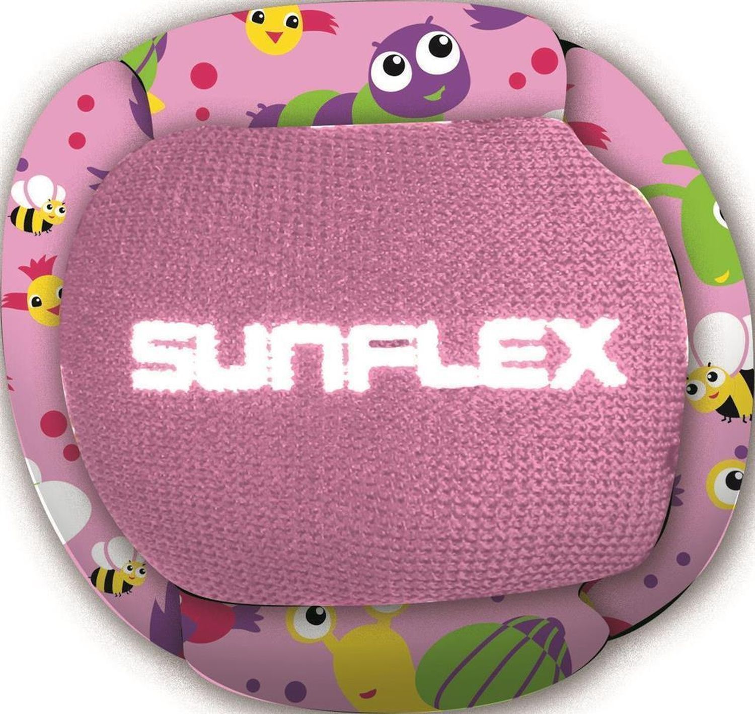 Nahaufnahme eines pinken Wurfballs mit SUNFLEX-Schriftzug. Der Ball ist mit Vögeln, Bienen und Raupen bedruckt.