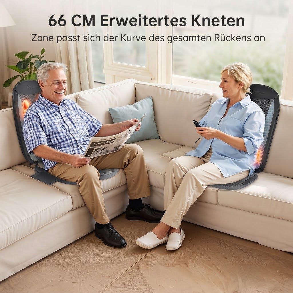 Ein älteres Paar sitzt auf einem Sofa und benutzt Rückenmassagegeräte, die Wärme abgeben.