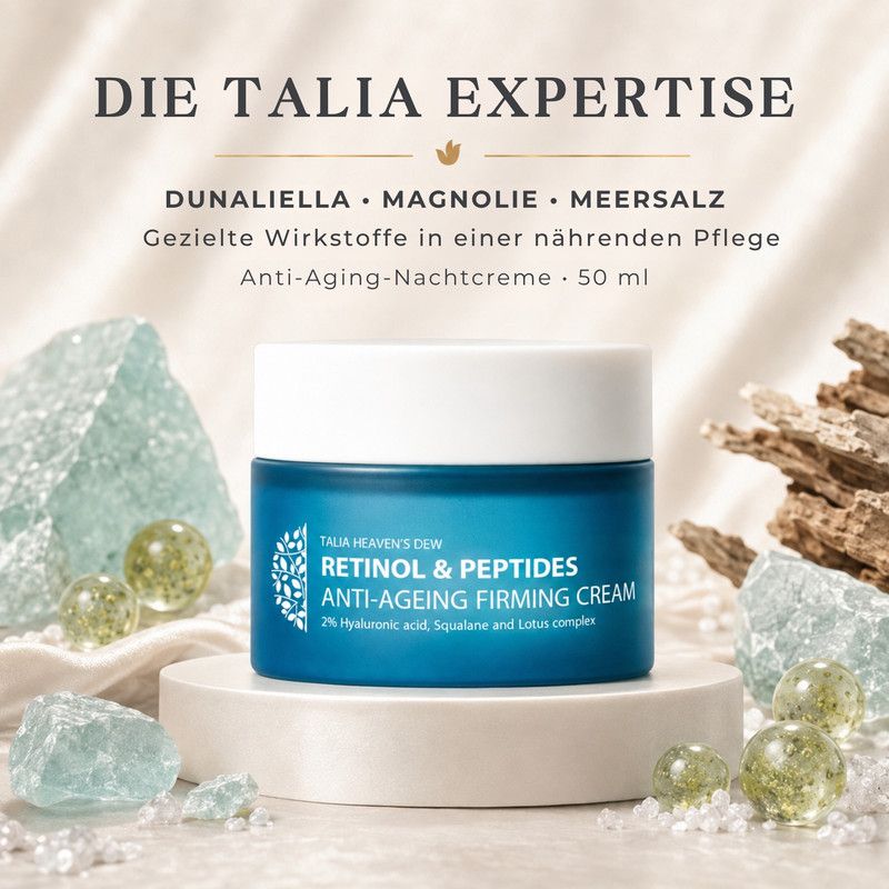 Blauer Tiegel mit Talia Heaven's Dew Retinol & Peptides Anti-Ageing Firming Cream. Enthält Dunaliella, Magnolie, Meersalz.