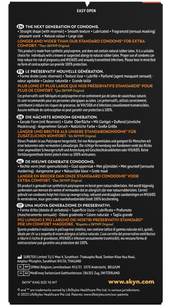 Kondom-Schachtel. Aufschrift: SKYN, King Size, 10 Stück. Marke: MANIX. Mit dem Hinweis: #1 Non-Latex.