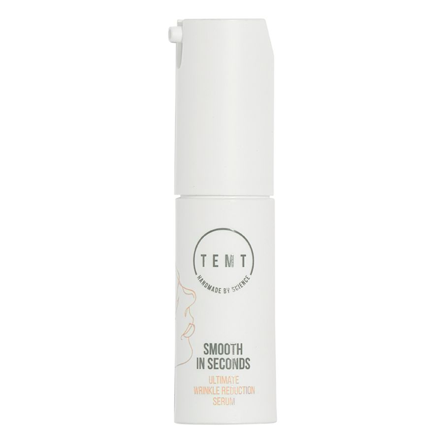 Weißer Serum-Spender mit Aufschrift TEMT und Smooth in Seconds. Enthält Serum. Mit Pumpe.