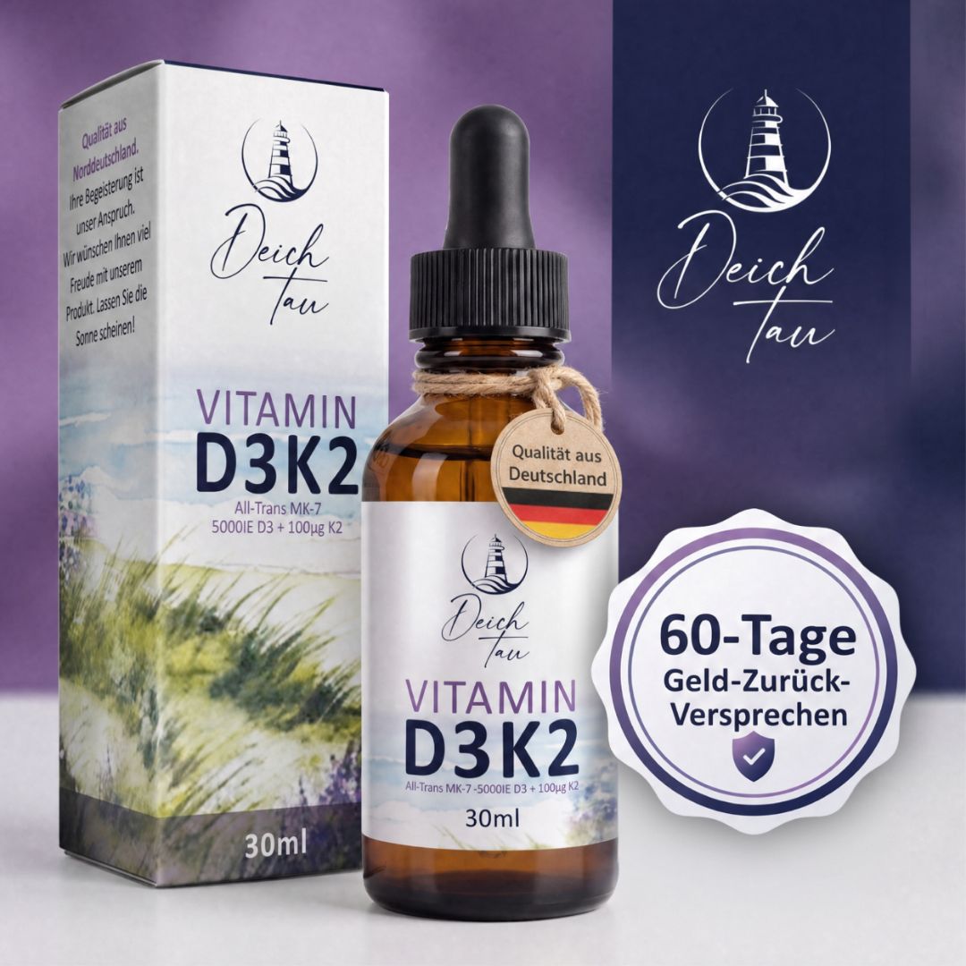 Deichtau Vitamin D3 K2 Flasche, Faltschachtel und 60-Tage-Geld-zurück-Garantie-Siegel. 30ml.