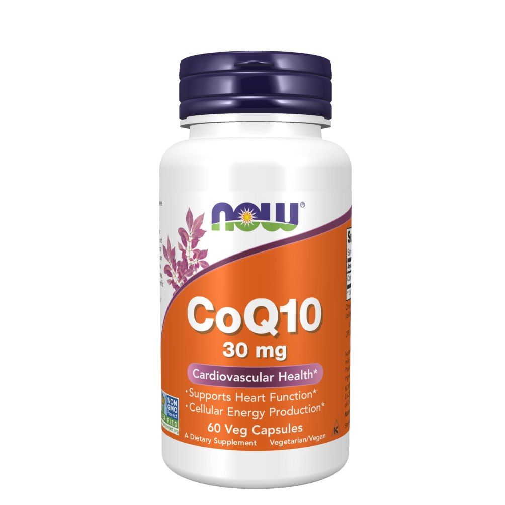 Weiße Flasche mit orangefarbenem Etikett. Aufschrift: CoQ10 30 mg, 60 Veg Capsules. Marke: NOW. Kapseln für die Herz-Kreislauf-Gesundheit.