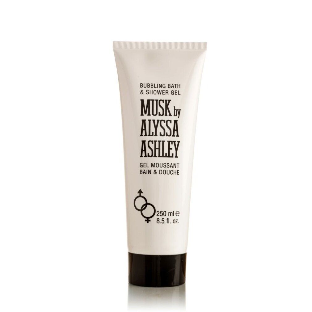 Weiße Tube mit schwarzem Deckel. Aufschrift: Musk by Alyssa Ashley. Gel Mousant Bain & Douche. 250 ml. Symbole für Mann und Frau.