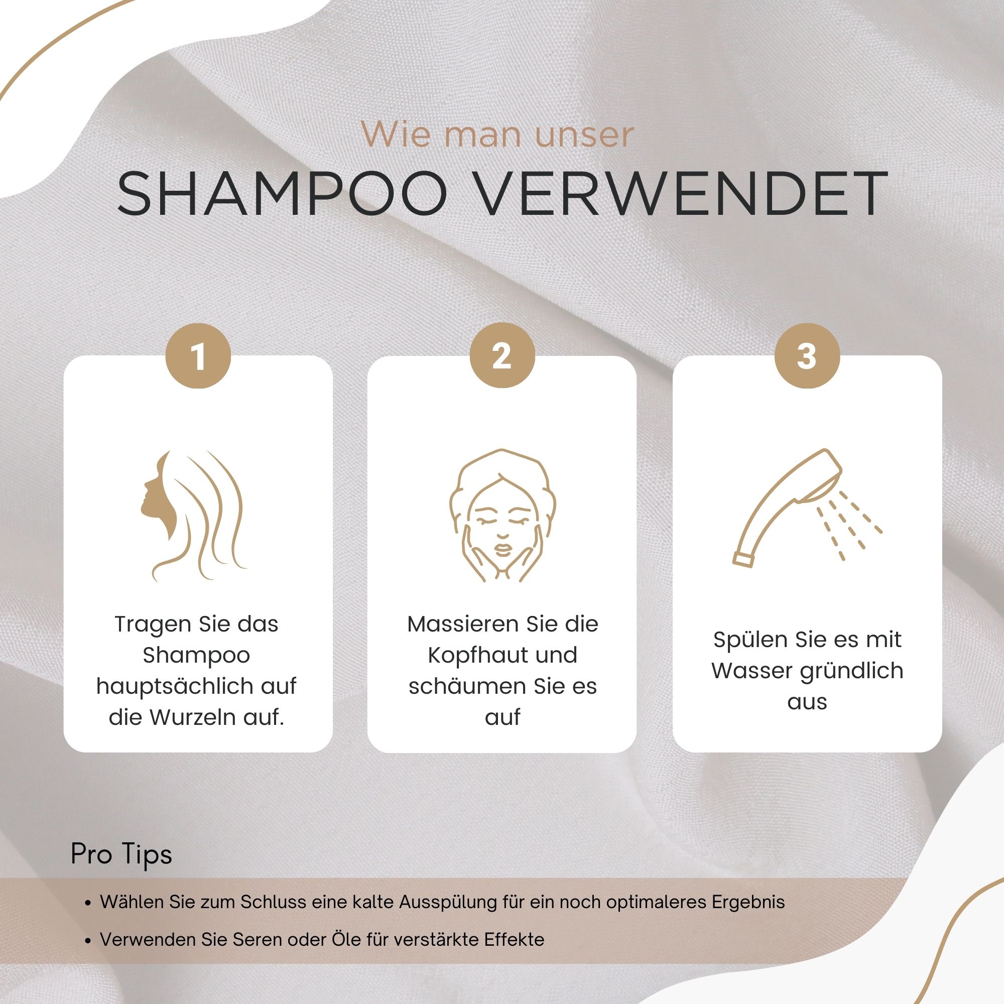 Drei Schritte zur Anwendung des Shampoos. Text: Tragen, massieren, ausspülen. Pro-Tipps.