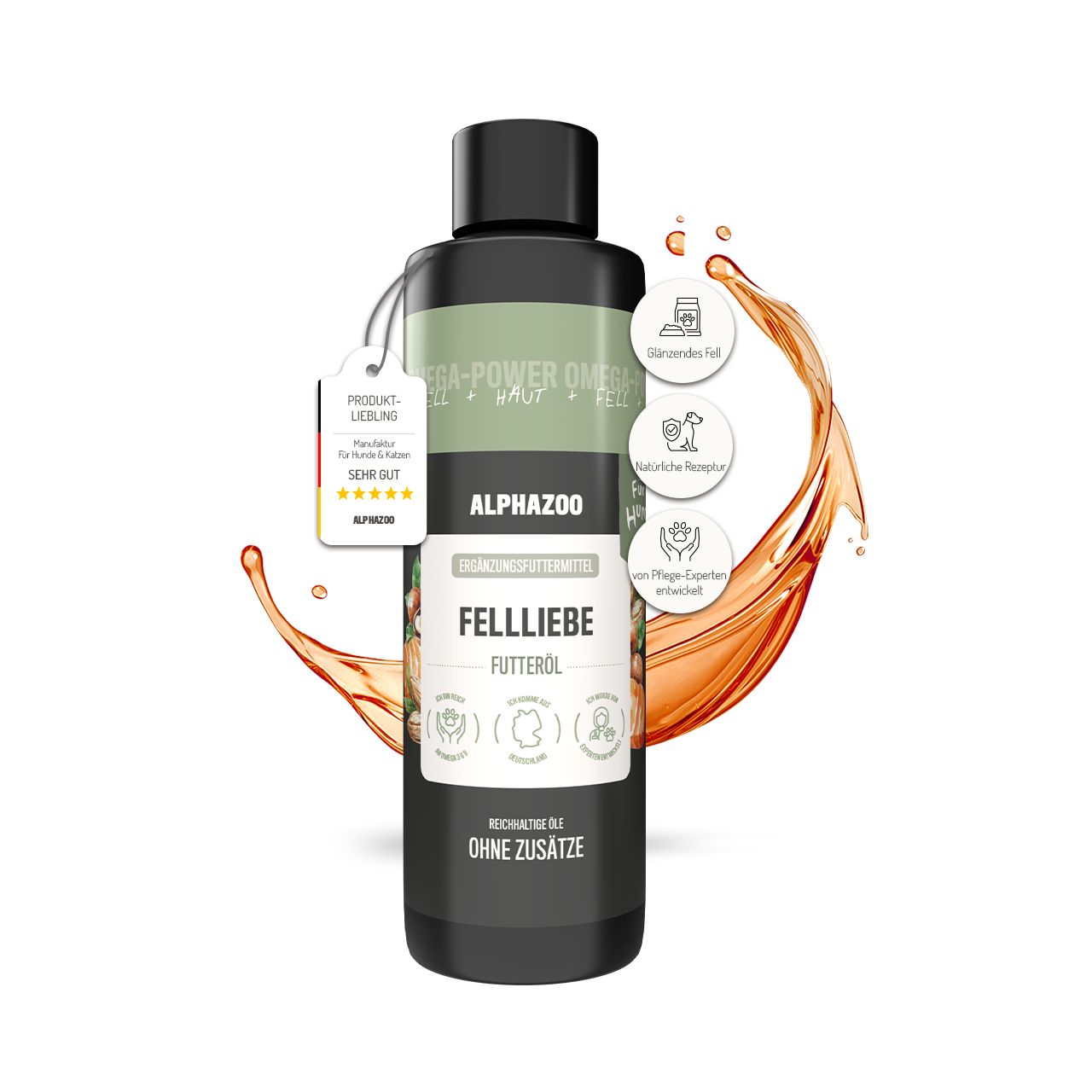 Schwarze Flasche ALPHAZOO Fellliebe Futteröl. Etikett mit Produktinformationen und Gütesiegel. Öl-Spritzer im Hintergrund.