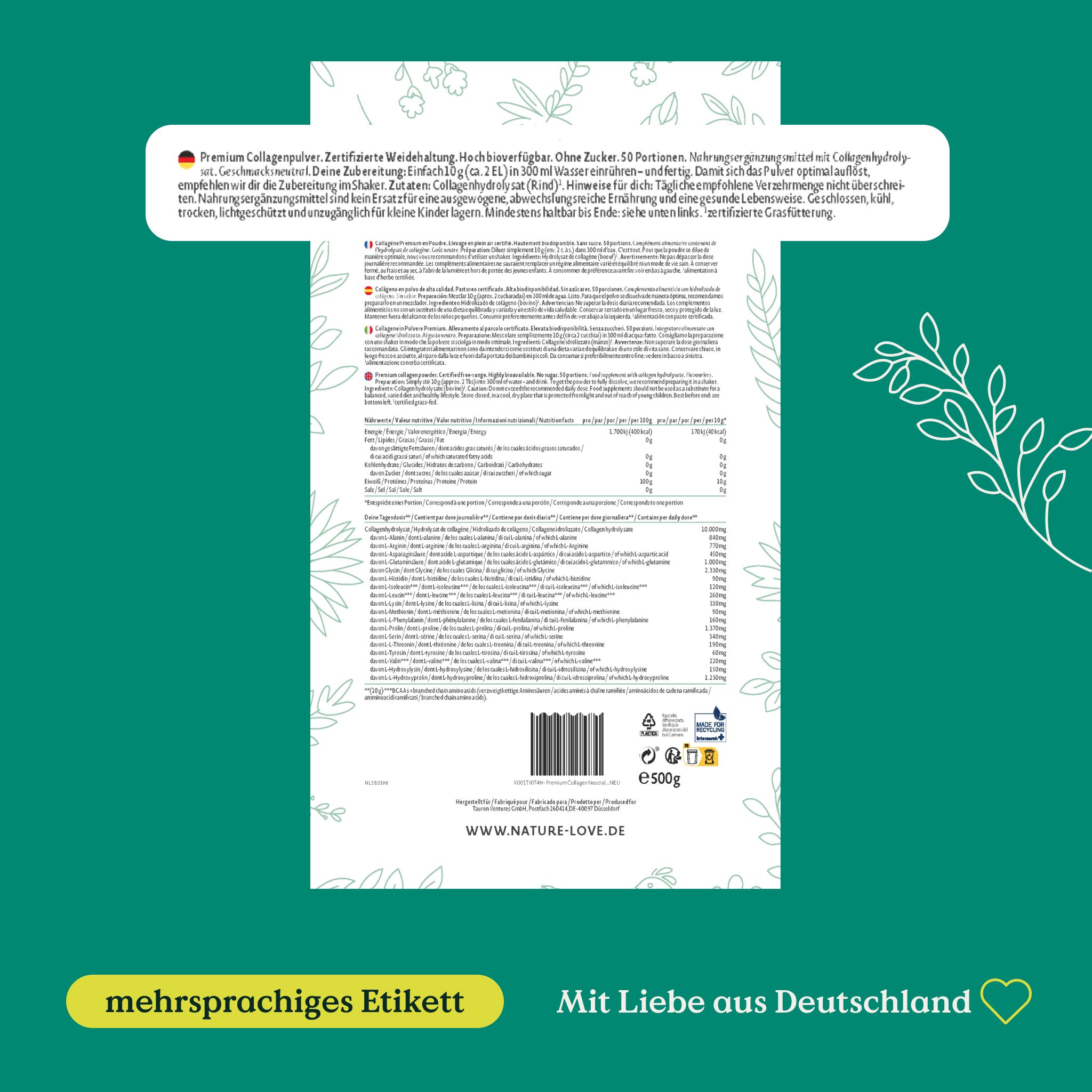 NATURE LOVE® Premium Collagen Pulver - 500g Kollagen - Peptide Type 1 und 3 - Geschmacksneutral