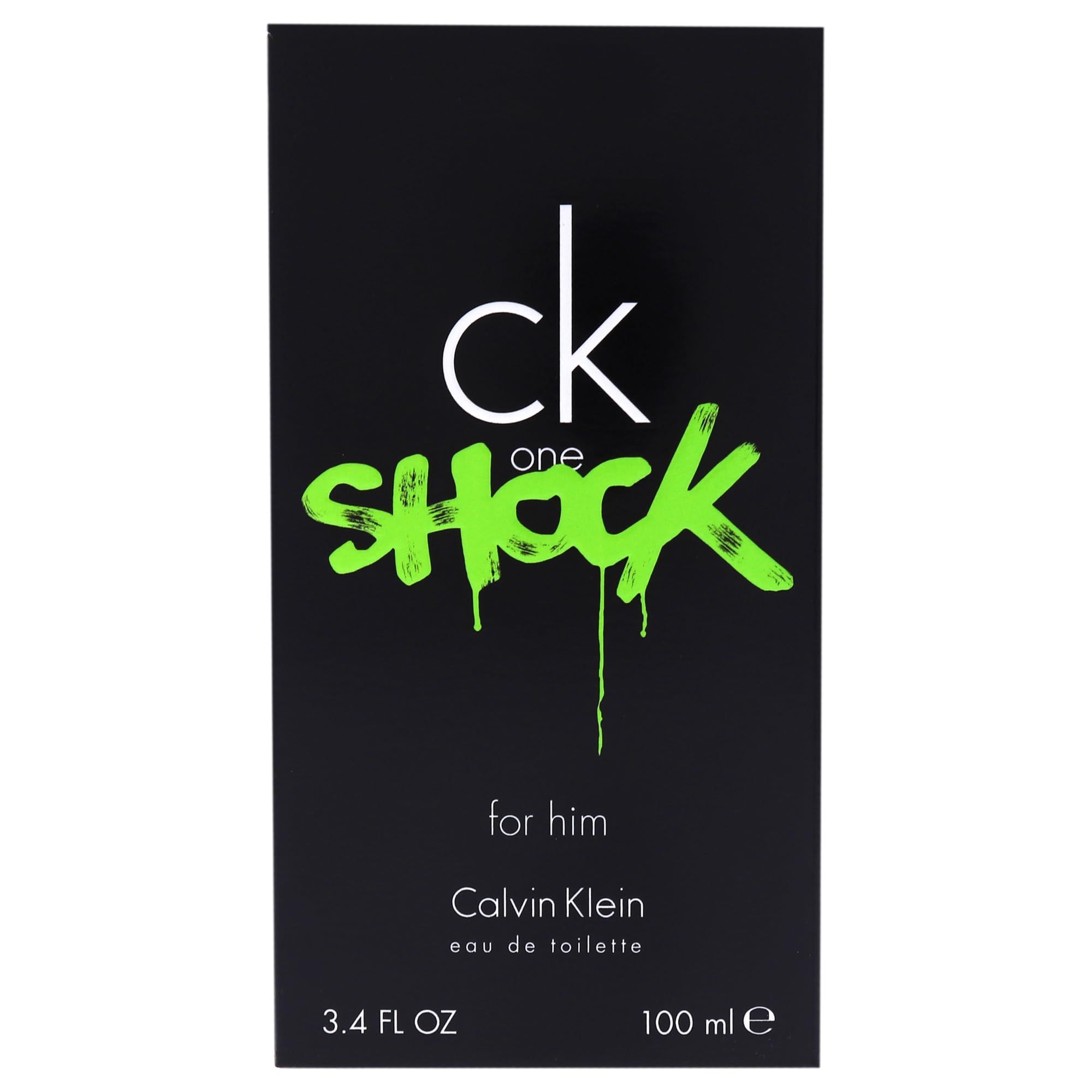 Schwarze Verpackung mit weißem und grünem Schriftzug. Aufschrift: ck one SHOCK for him Calvin Klein.
