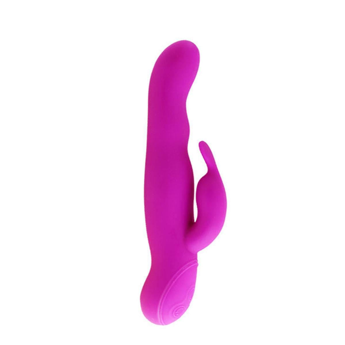 Lila Vibrator mit gebogener Form und einem zusätzlichen, kleineren Teil. Auf weißem Hintergrund.