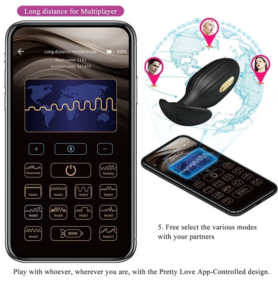 Smartphone mit App-Oberfläche und Plug. App-Steuerung mit Modi. Text: Long distance for Multiplayer. Weltkarte mit Icons.