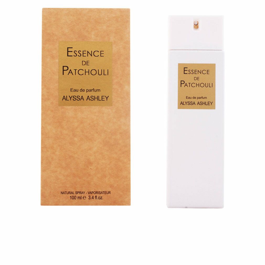 Weißer Flakon und braune Verpackung. Aufschrift: Essence de Patchouli, Eau de parfum, Alyssa Ashley. Flakon mit Sprühkopf.