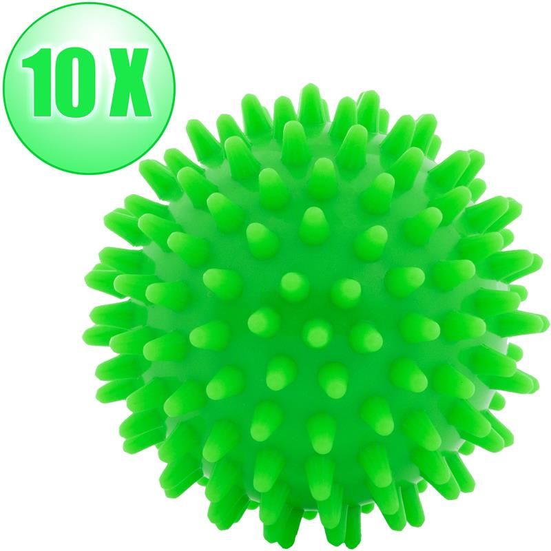 Grüner Massageball mit Noppen. Neben dem Ball ist ein grüner Kreis mit der Aufschrift "10 X".