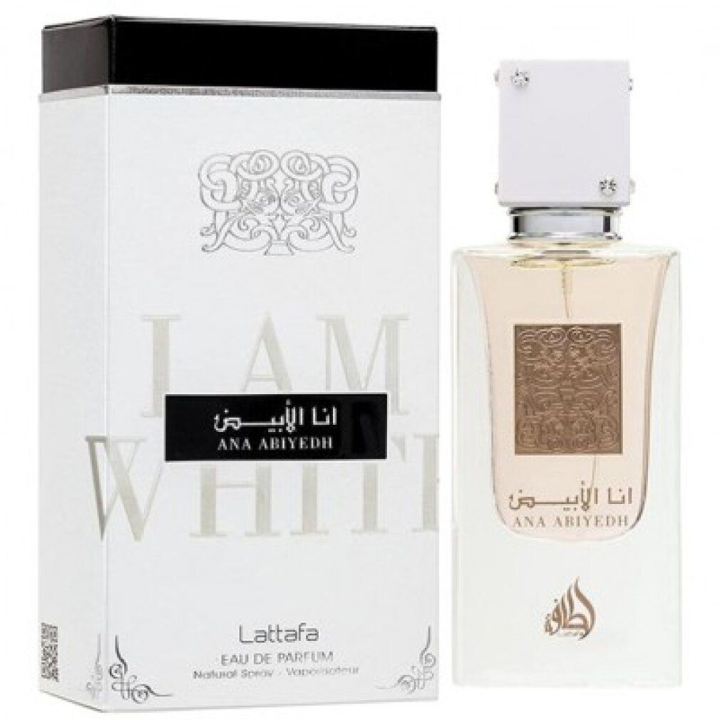 Weißer Flakon mit weißem Deckel und Verpackung. Aufschrift: I AM WHITE, Ana Abyedh, Lattafa. Arabische Schrift.
