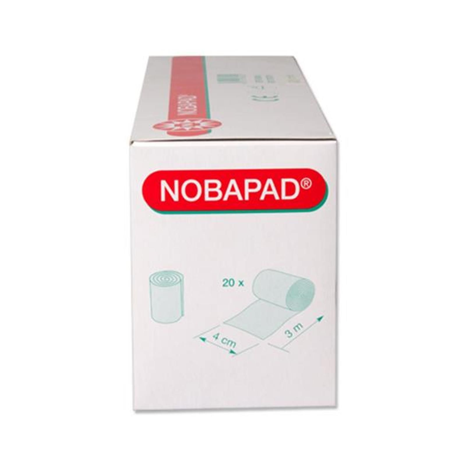 Verpackung von NOBAPAD Polsterbinden. Roter Schriftzug NOBAPAD. Illustrationen von Bandagen. Maße: 3 m x 4 cm, 20 Stück.