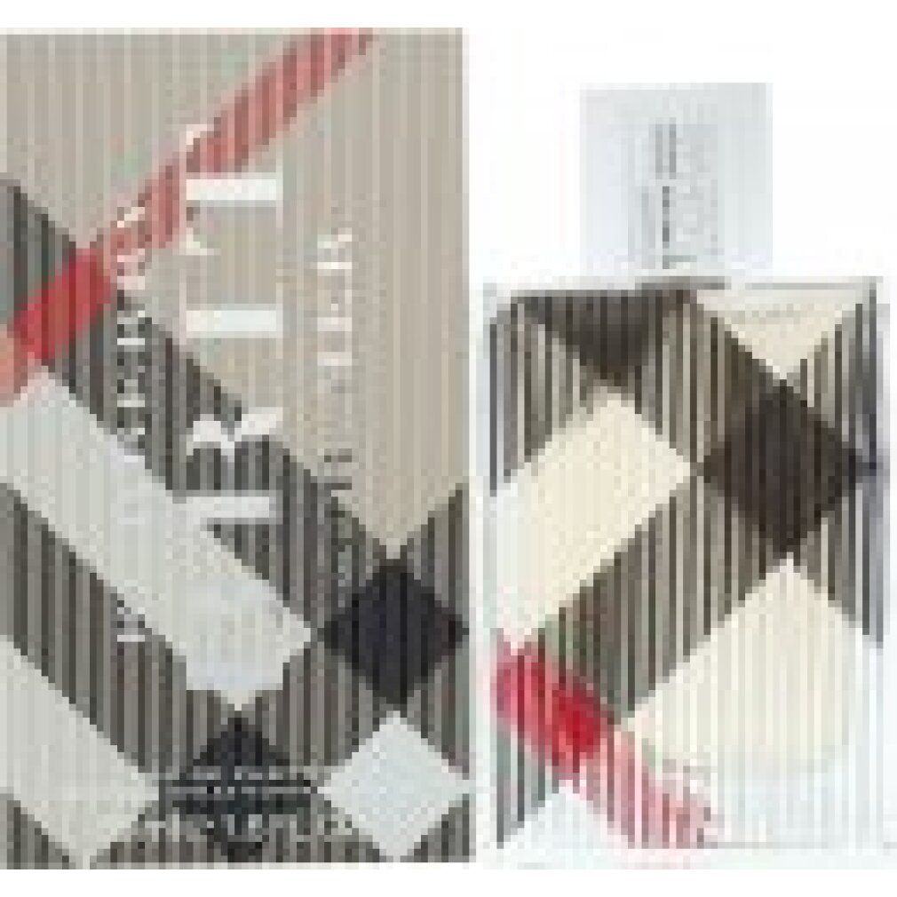 Burberry Brit for Her Eau de Parfum Spray. Flakon und Verpackung nebeneinander. Beige-kariertes Design.