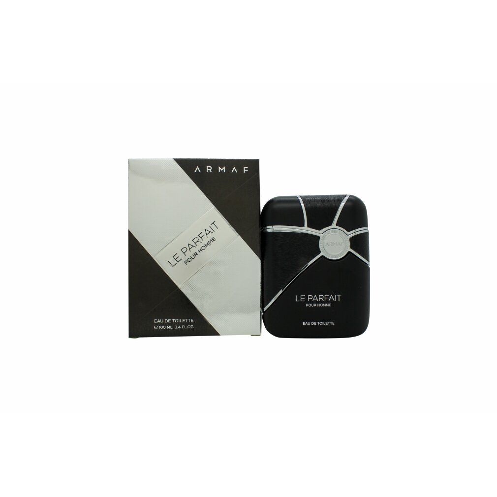 Schwarzer Flakon und Verpackung. Aufschrift: Armaf, Le Parfait Pour Homme, Eau de Toilette. Silberne Akzente.