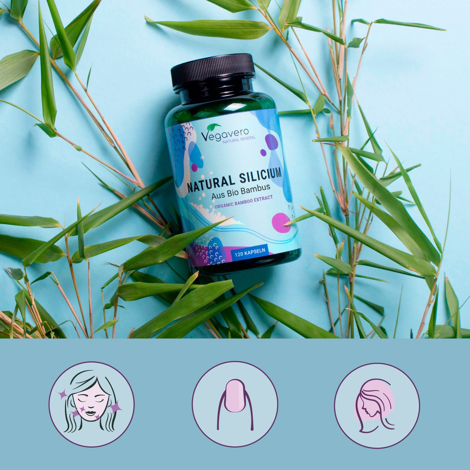 Flasche NATURAL SILICIUM BIO mit Bambusblättern. Icons: Haut, Nägel, Haare. Text: 300 mg Silizium pro Tag, Vegan.